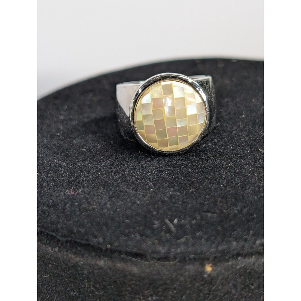 VTG Sterling Silver & Oval Multi Color Mother Of Pearl Inlay Ring Size 8